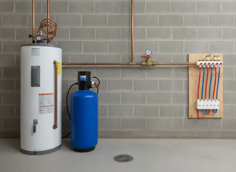 A basement utility wall with a tank water heater, a water softener, a copper main line with shutoff and gauge, a floor drain and a PEX manifold